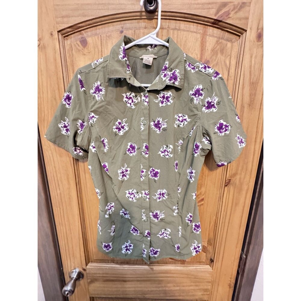 Duluth Women's Button Front Shirt Green Purple Floral Vented Short Sleeve Size M